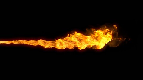 Animated realistic stream of fire like flamethrower shot or fire-breathing dragon's flames. Clip with alpha channel.