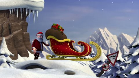 Cartoon Santa Claus using a ski jump to take off with his sleigh - version without text - high quality 3d animation