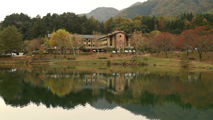Autumn. Mountain hotel on the lake.