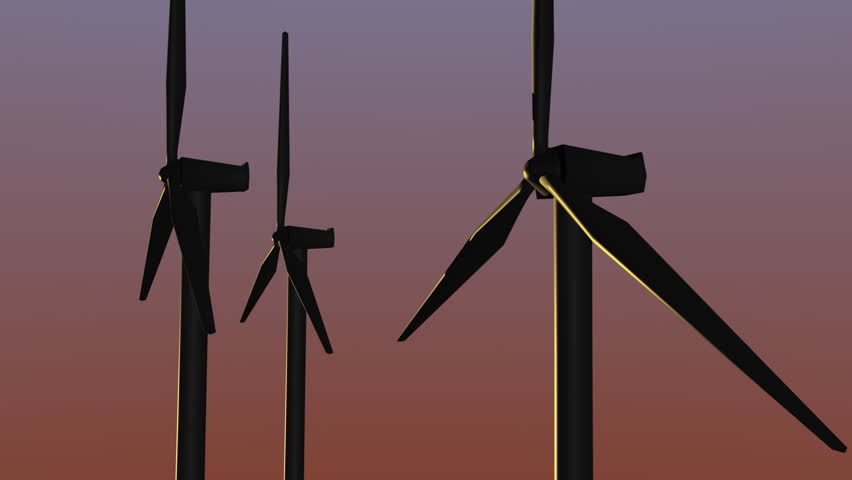 Three wind energy turbines spinning at dusk.