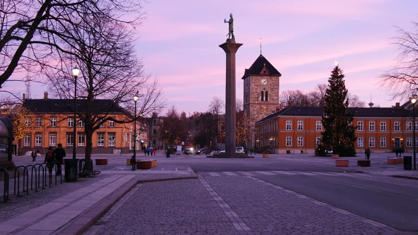 Evening view on center of Trondheim, Norway, establishing shot