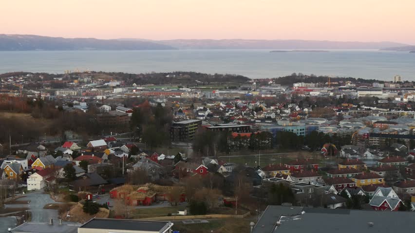 Aerial view over central Trondheim, Norway, establishing shot 3