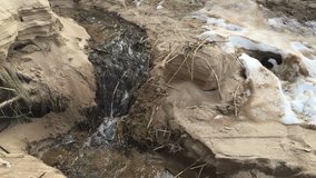 Forest streamlet flows in the spring through sand coast. Outdoor video.