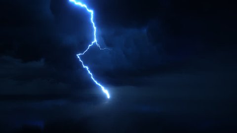 Thunderstorm with high quality lightning discharge in super slow motion against dark stormy sky with huge clouds. Ultra high speed camera shot. Perfect for film, documentary, digital composition