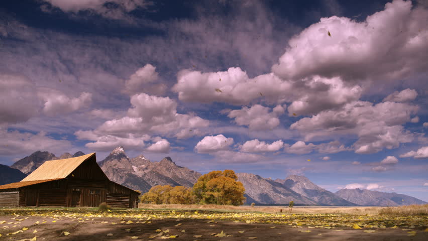 Historic Mormon pioneer barn in with Teton peaks and autumn leaves blowing across is slow motion.  Wide shot - camera pans.  Dramatic clouds and sky. Grand Teton National Park, Wyoming, USA. 4K.