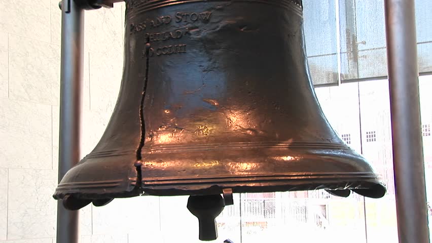 The camera pans from the bottom to the top of the Liberty Bell including the original Elm yoke.