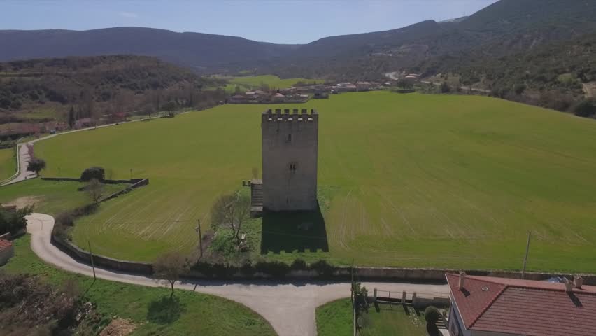 Spain, Burgos, Las Merindades. March 2016. Aerial views of Los Velasco Tower. Little castle built on XIV Century and located in Valdenoceda, Castile and Leon