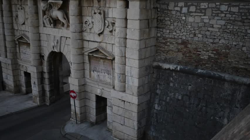 The monumental Land Gate (Porta terraferma) Michele Sanmicheli in 1543 in the harbor Fosa, Zadar, Croatia.