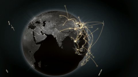 Growing global network. Internet concept, connecting to satellites. Orange version. 4K