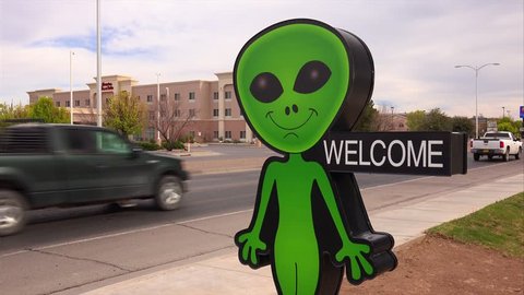 ROSWELL, NEW MEXICO - MARCH 28: A little green alien welcomes visitors to Roswell, New Mexico on March 28th, 2016.