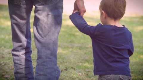 A father and son holding hands and walking away from the camera on green grass in a park or back yard somewhere when the little boy briefly looks up at the man while walking away.