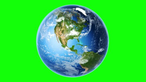 4K Realistic Earth Rotating (Loop on Greenscreen). Globe is centered in frame, with correct rotation in seamless loop. Perfect for your own background using green screen. Texture map courtesy of NASA.