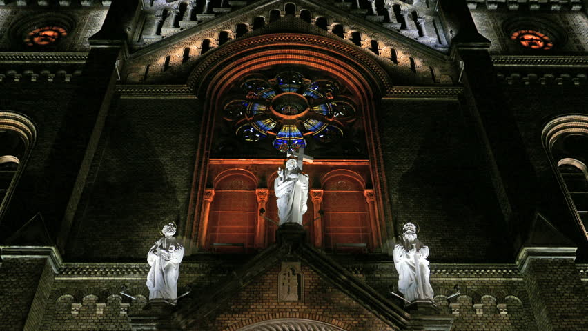 Various night lighting of the Roman-Catholic Cathedral Millenium located in Traian Square, Timisoara, Romania.Details. 4K footage.