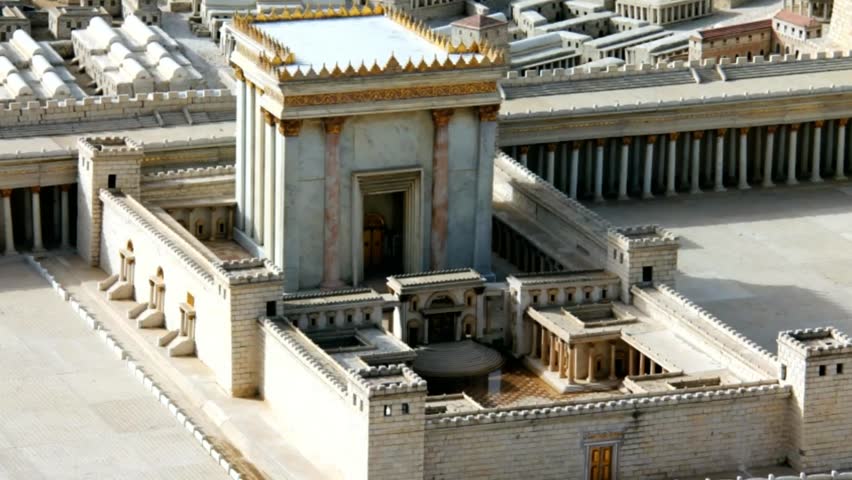 Closeup model of The Second Temple .Jerusalem.The Holy Temple stood on the Temple Mount in Jerusalem during the Second Temple period, between 516 BCE and 70 CE. Camera zoom out Royalty-Free Stock Footage #15706507