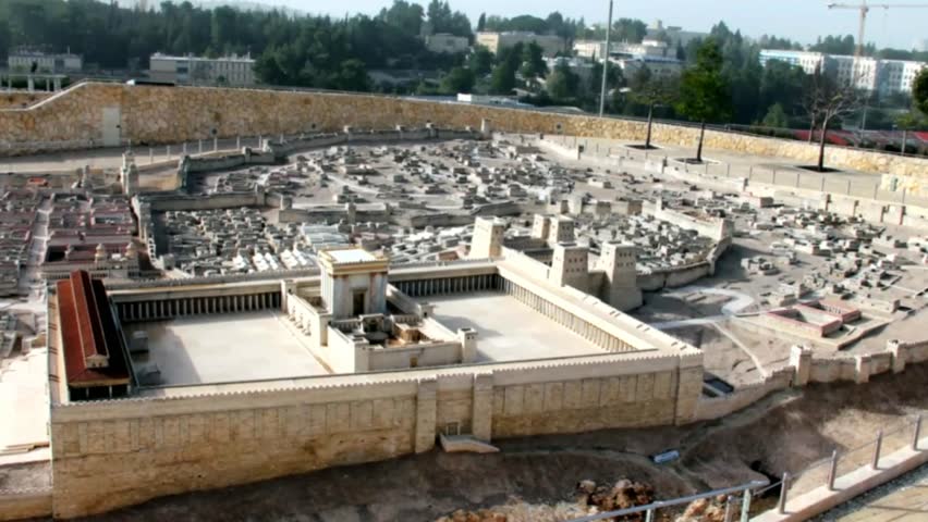 Closeup model of The Second Temple .Jerusalem.The Holy Temple stood on the Temple Mount in Jerusalem during the Second Temple period, between 516 BCE and 70 CE. Camera zoom out