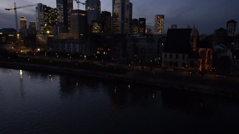 Aerial Drone Night Frankfurt Skyline