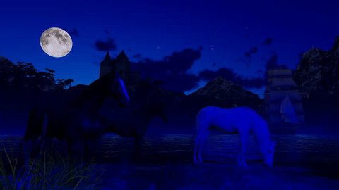 Horses at Watering in the blue light. Night landscape with a castle. Bridge over a mountain lake. Sailing ship docked. Pine trees on the slopes. Large moon in the sky. Moving clouds. 3D rendering