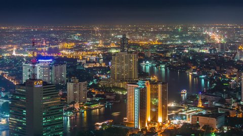 BANGKOK, THAILAND - JANUARY 2016: night city river traffic roof panorama 4k time lapse circa january 2016 bangkok, thailand.