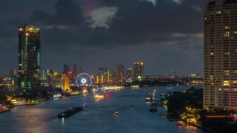 bangkok night river traffic flyer bay panorama 4k time lapse thailand