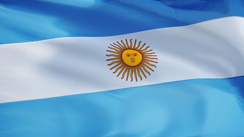 Argentina flag waving in slow motion against clean blue sky, seamlessly looped, close up, isolated on alpha channel with black and white luminance matte, perfect for film, news, digital composition