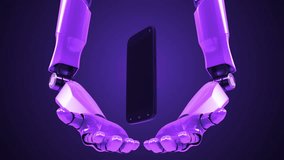 A robotic mechanical arm with smartphone. Strong stylish futuristic design concept. Cybernetic organism with Artificial Intelligence. Loopable video.