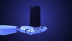 A robotic mechanical arm with smartphone. Strong stylish futuristic design concept. Cybernetic organism with Artificial Intelligence. Loopable video.