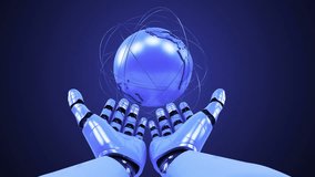 A robotic mechanical arm with globe. Strong stylish futuristic design concept. Cybernetic organism with Artificial Intelligence. Loopable video.