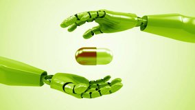 A robotic mechanical arm with pill. Strong stylish futuristic design concept. Cybernetic organism with Artificial Intelligence. Loopable video.