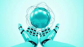 A robotic mechanical arm with globe. Strong stylish futuristic design concept. Cybernetic organism with Artificial Intelligence. Loopable video.