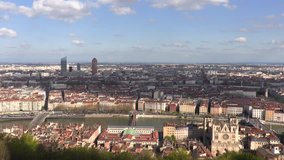 Aerial view of Lyon with clouds, 4k timelapse.