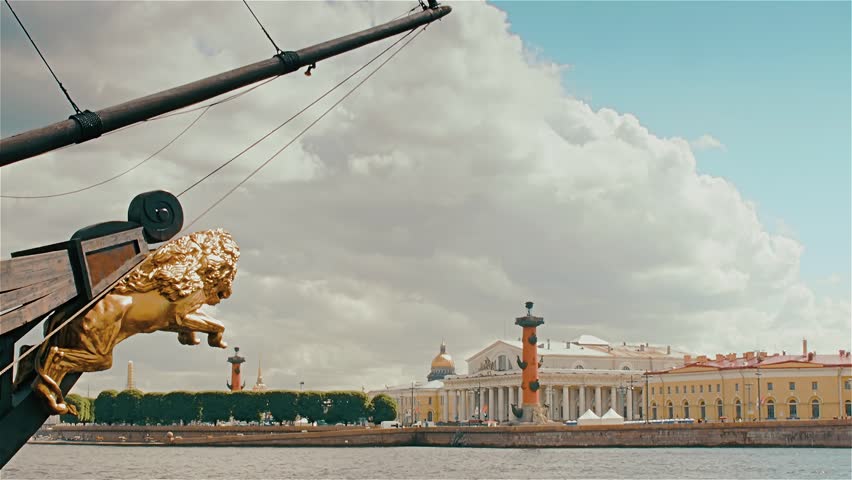 Russia. St. Petersburg. Neva River. Boats on the river Neva Vasilevsky Island., The old ship. The Exchange. The Palace Bridge. Spit of Vasilyevsky Island 