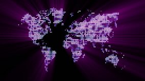 Loopable: Digital World Map / Technology Abstract. Futuristic magenta world map made of shiny dots with light rays. (av23553c)