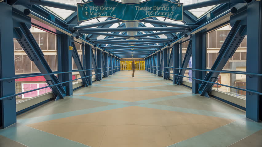 Pedestrian Walking Traffic in Indoor Minneapolis Above Street Skyway Bridge on a Spring Day After Work 4K UHD Ultra HD Timelapse