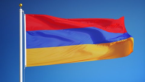 Armenia flag waving in slow motion against blue sky, seamlessly looped, close up, isolated on alpha channel with black and white luminance matte, perfect for film, news, digital composition