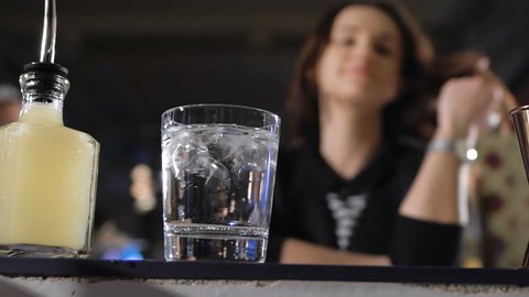 attractive girl in a good mood, sitting at the bar, with a glass in her hand. 