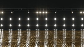 Scene theater or concerts. Light projectors. Background TV screen. Reflections in a glossy wooden floor. Computer graphics 3d render. - Powered by Shutterstock - Get 15% off with code: PIKWIZARD15
