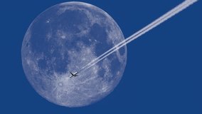 Two engine airliner flies with contrail against full moon on blue sky. 4K telephoto  - Powered by Shutterstock - Get 15% off with code: PIKWIZARD15