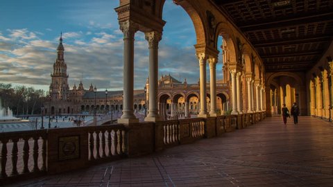 SEVILLE, SPAIN - April 13, 2015: Time-lapse from the Plaza de España. It is a famous square located in the María Luisa Park, built in 1928 for the Ibero-American Exposition of 1929. 