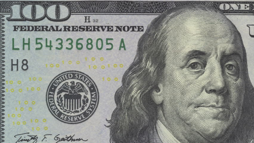 Animation of zoom in to close-up of Ben Franklin smiling and winking on US one hundred dollar bill. Meets regulatory requirements for public domain usage per 31 CFR 411. There is NO copyright issue.  Royalty-Free Stock Footage #15817915