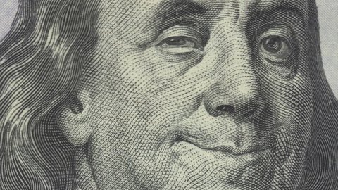 Animation of zoom in to close-up of Ben Franklin smiling and winking on US one hundred dollar bill. Meets regulatory requirements for public domain usage per 31 CFR 411. There is NO copyright issue. 