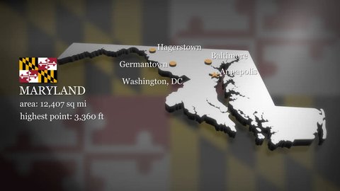 Seamless looping 3D animation of the map of Maryland including 2 versions and alpha matte