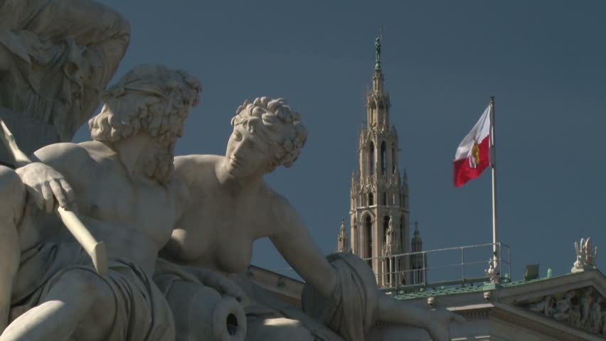 Statue of Pallas Athena Parliament Building Vienna Austria, named after the Greek goddess Pallas Athena - goddess of wisdom - who is portrayed with a colossal statue on top of a fluted column.