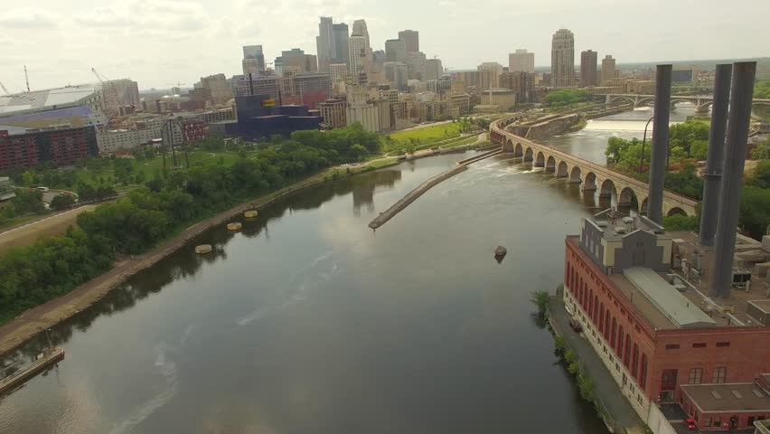 4k Aerial Drone Video over The Minneapolis, Minnesota Skyline and The Stone Arch Bridge