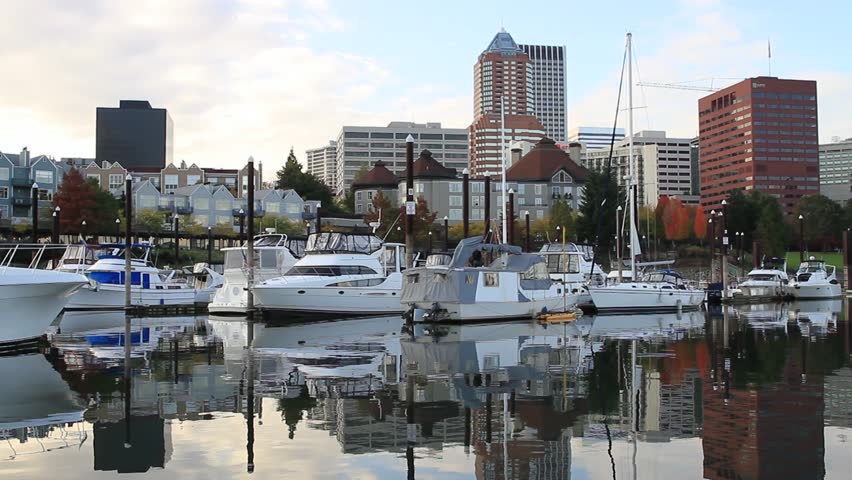 Water Reflection of the Marina, Hawthorne Bridge and City of Portland Oregon along Willamette River 1080p