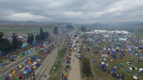 Tents in a transit camp for migrants and refugees are seen from a drone on a foggy morning on the Greek side of the Greek-Macedonian border near Idomeni, Greece, on March 6, 2016.