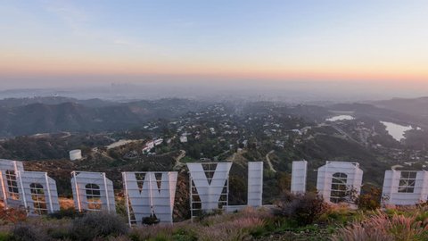 LOS ANGELES, CALIFORNIA - FEBRUARY 29, 2016: The Hollywood sign overlooking Los Angeles. The iconic sign was originally created in 1923.