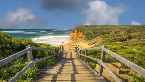 Walkway of the legendary Bells Beach - the beach of the cult film Point Break, near Torquay, gateway to the Surf Coast of Victoria, Australia, where he began the famous  Great Ocean Road