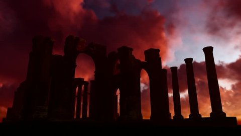 Arch Gate Palmyra. Red background moving clouds. Sunset. Great Colonnade at Palmyra was the main colonnaded avenue in the ancient city of Palmyra in the Syrian Desert. Sanchtuary of Bel. 3d render.
