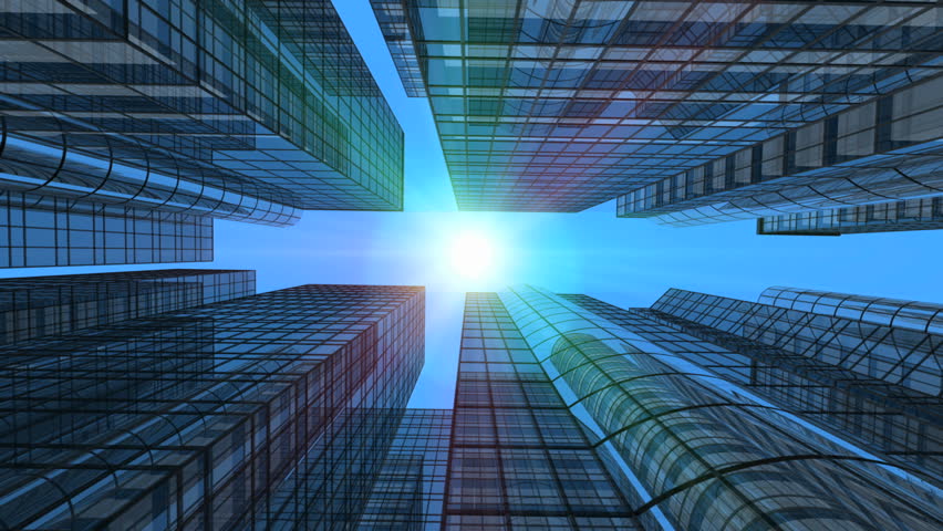 Skyscrapers, 3D rendered from ground level view with sun.