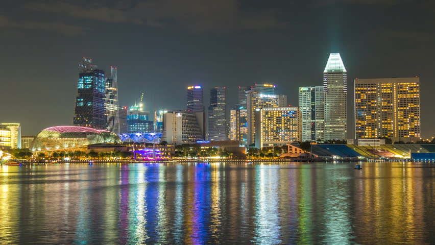 night illumination marina hotel esplanade theaters by the bay panorama 4k time lapse singapore